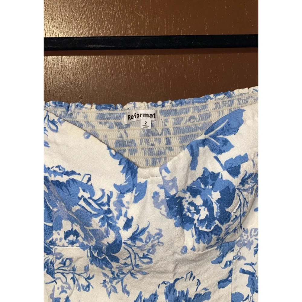 Reformation Reign Top Olympia White Blue Floral Smocked Long Sleeve in size 2 - Picture 6 of 15